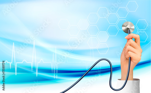 Background with hand holding a stethoscope. Vector