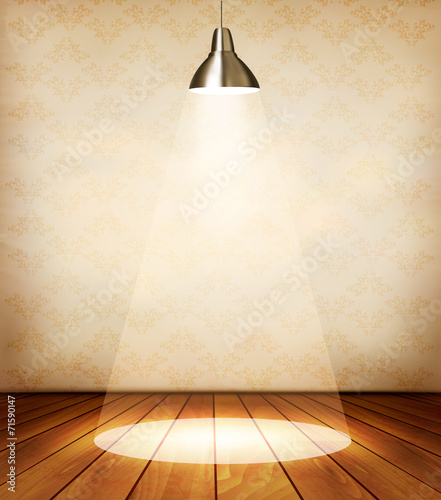 Old room with wooden floor and a spotlight. Vector.