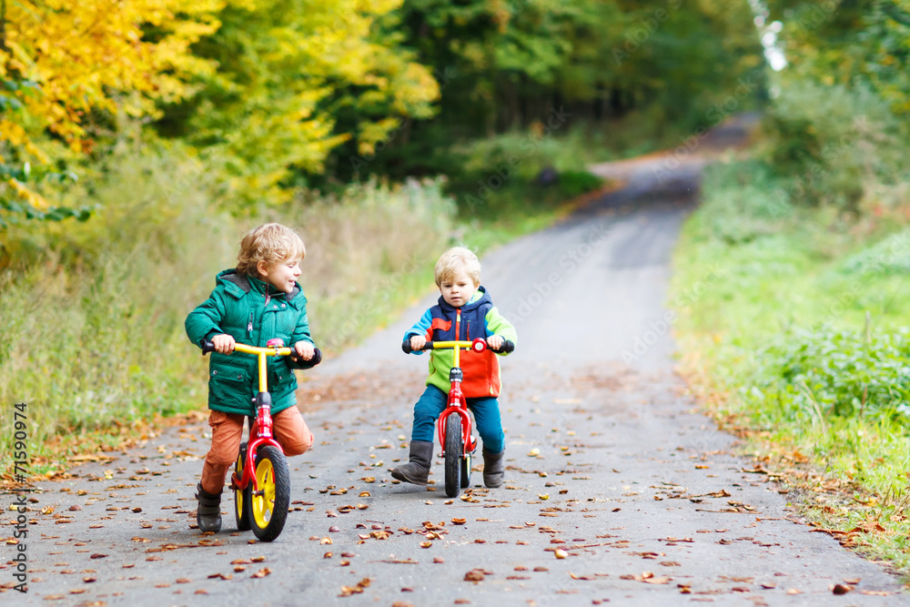 Two little children having fun on bikes in autumn forest. Two little children having fun on bikes in autumn forest.