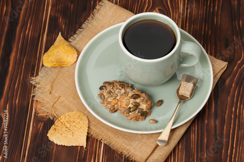 Autumn Concept. Cup Of Tea Or Coffee. Cookies With Seeds. Wooden