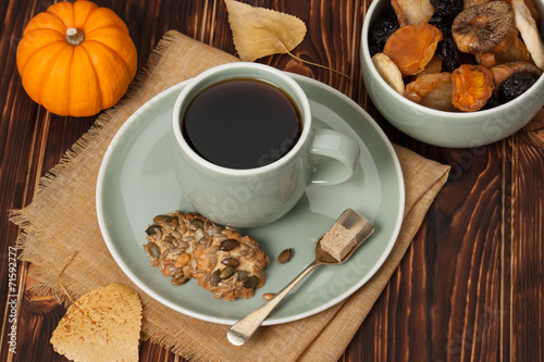 Autumn Concept. Cup Of Tea Or Coffee. Dried Fruits. Cookies With