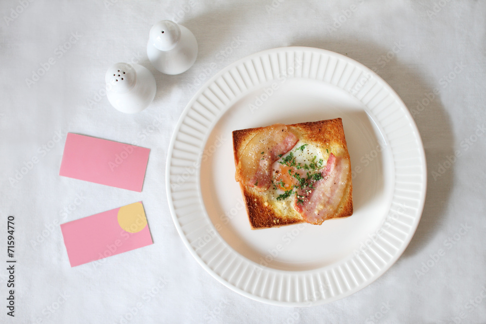 bread egg and bacon toast on white background bread egg and bacon toast on white background