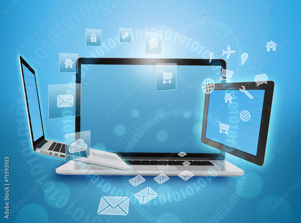 computers and tablet with rotating icons around.