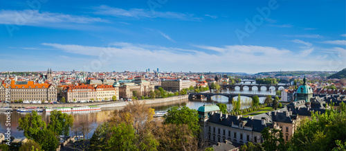 Panoramic view of Prague bridges over Vltava river