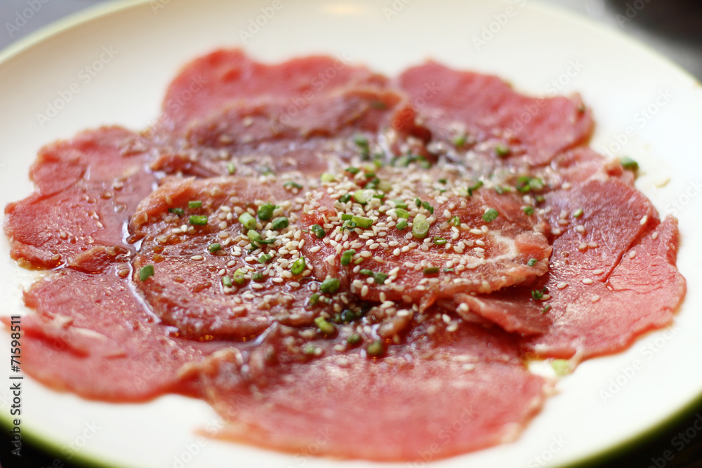 sliced pork on white plate sliced pork on white plate
