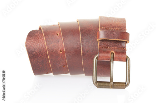 Brown leather belt on white, clipping path