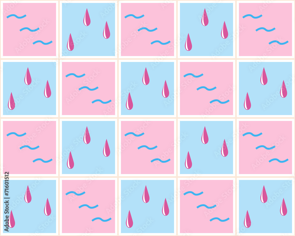 Varicolored tiles with waves and drops seamless checkered patter