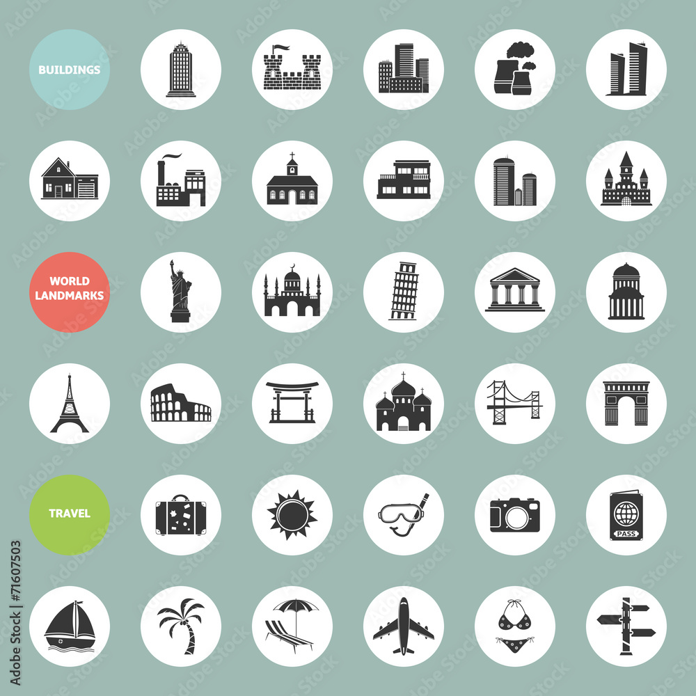 Set of web icons for buildings, landmarks and travel Set of web icons for buildings, landmarks and travel