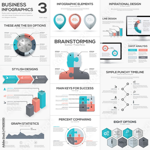 Puzzle piece infographics vector business jigsaw metaphors set