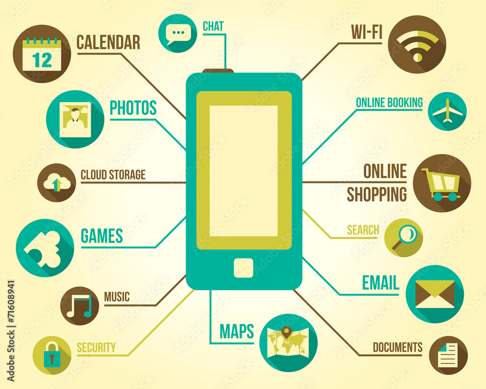 Smart phone illustration with lots of application icons Smart phone illustration with lots of application icons