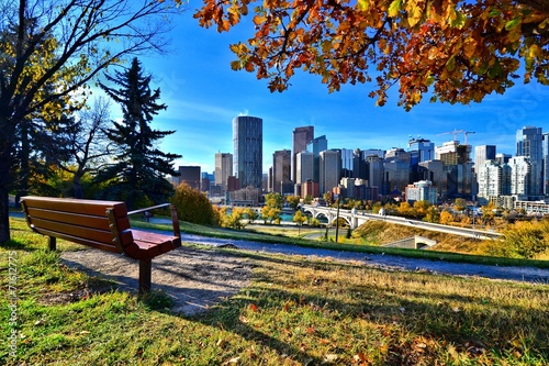 View from a park overlooking the skyline Calgary during autumn photo