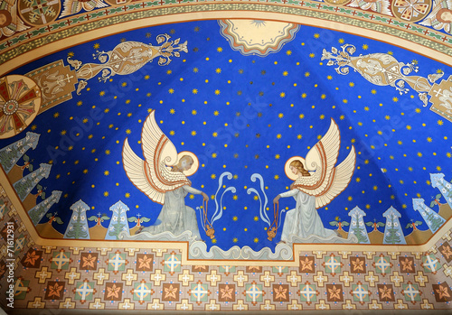 Angels painted on the ceiling of the church.