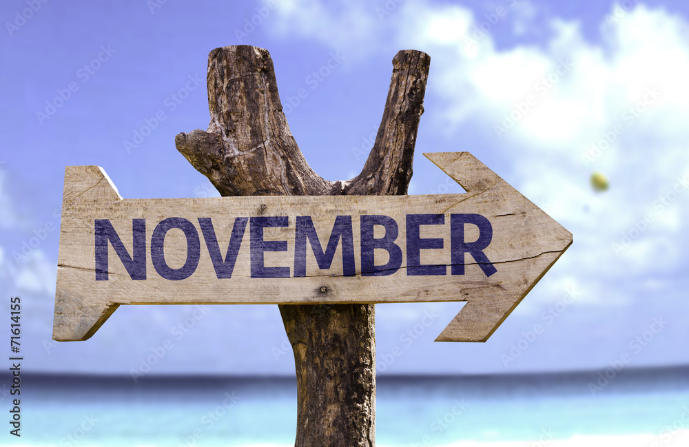 November wooden sign with a beach on background