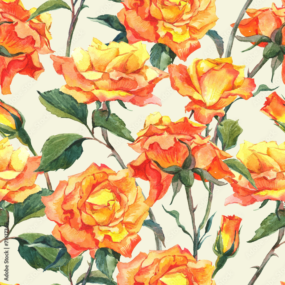 Watercolor Seamless Pattern with Yellow Roses