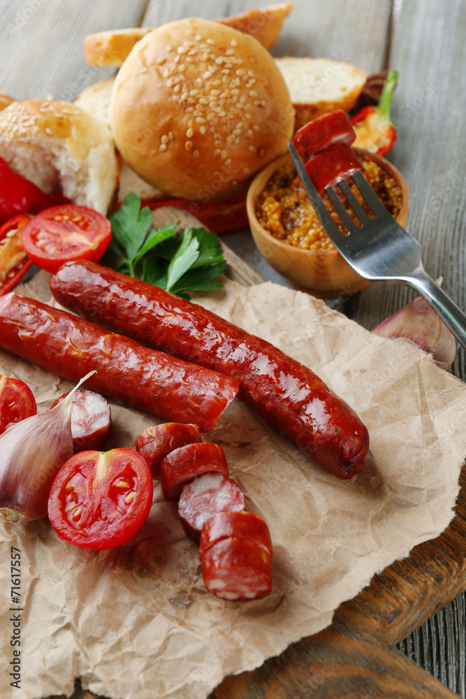 Smoked thin sausages and vegetables Smoked thin sausages and vegetables