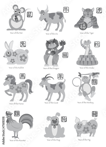 Fototapeta Naklejka Na Ścianę i Meble -  Chinese Twelve Zodiac Animals GrayscaleVector Illustration