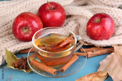 Composition of apple cider with cinnamon sticks, fresh red