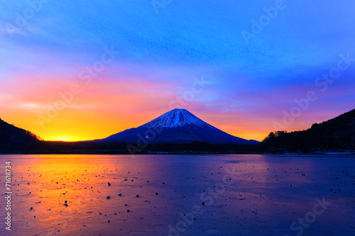 Sunrise on Mount Fuji and the frozen Lake Shojiko