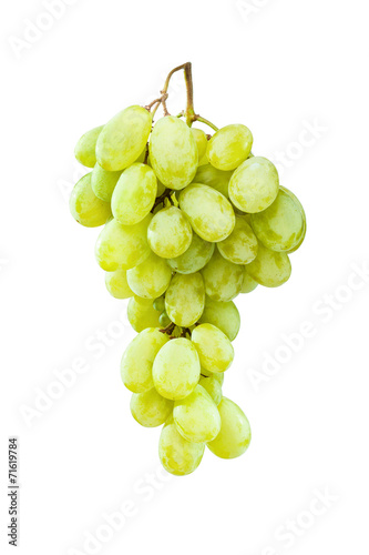 Ripe green grapes hanging against white