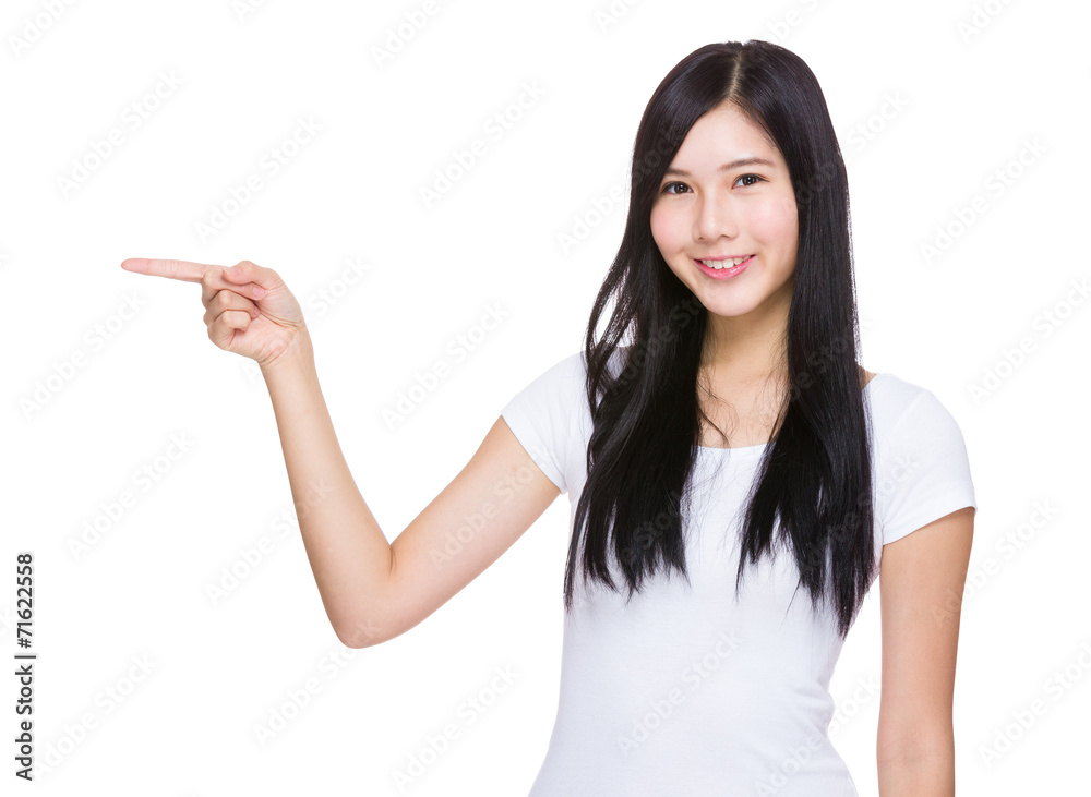 Woman with finger point aside Woman with finger point aside