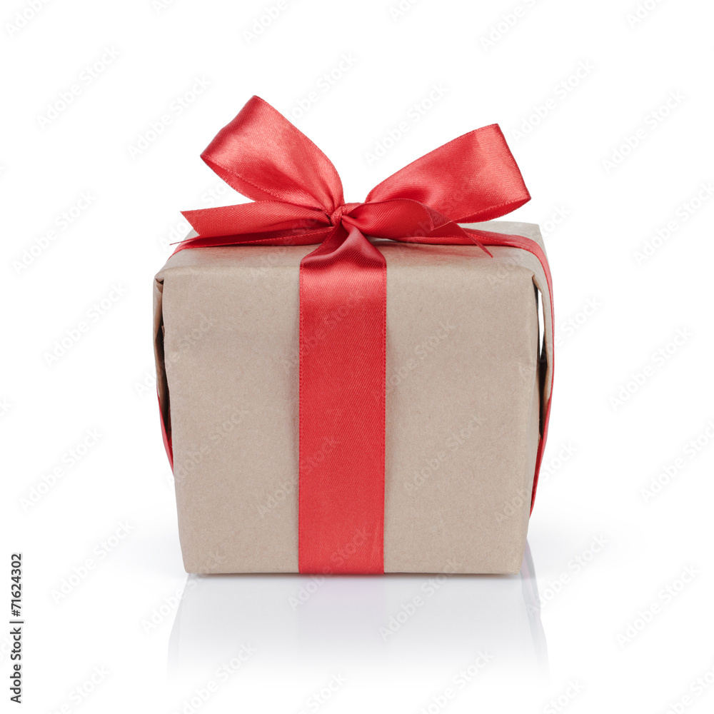cube gift box wrapped with kraft paper and red bow cube gift box wrapped with kraft paper and red bow
