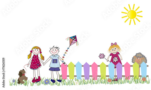 Niños con perro y niña con oveja.