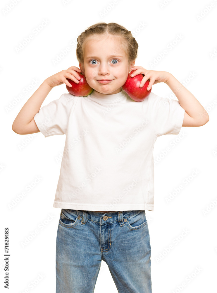 little girl with fruits and vegetables on white little girl with fruits and vegetables on white