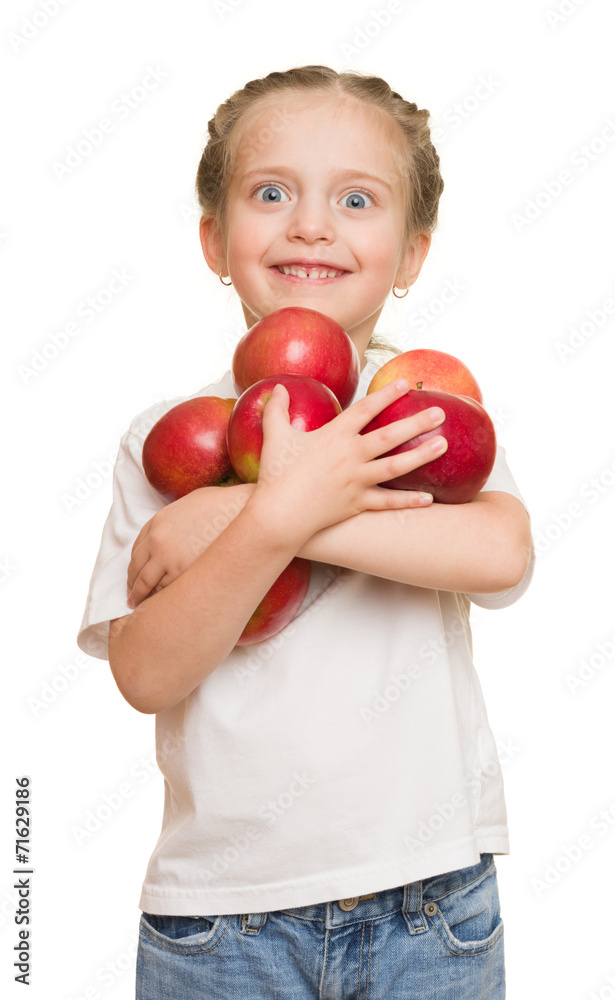 little girl with fruits and vegetables on white little girl with fruits and vegetables on white