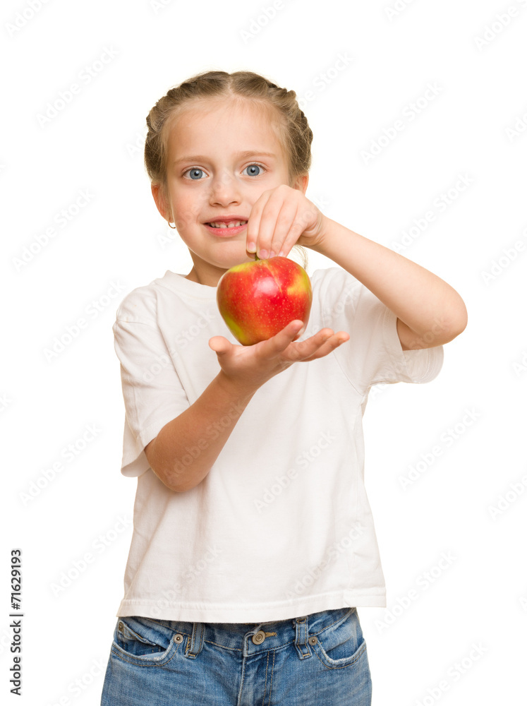 little girl with fruits and vegetables on white little girl with fruits and vegetables on white