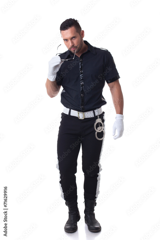 Trendy cop posing at camera, isolated on white Trendy cop posing at camera, isolated on white