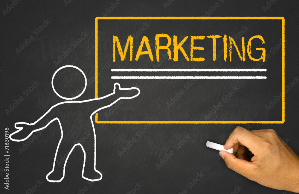 marketing and small people on chalkboard