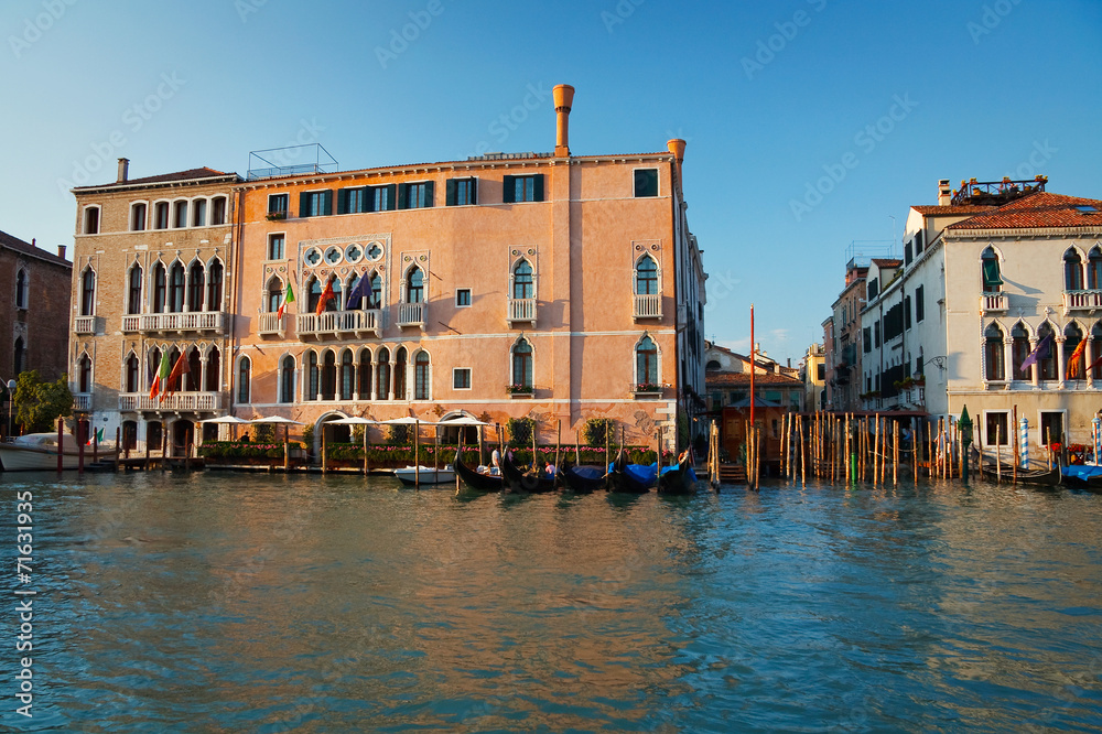 Gondolas in Grand canal in Venice, Italy.