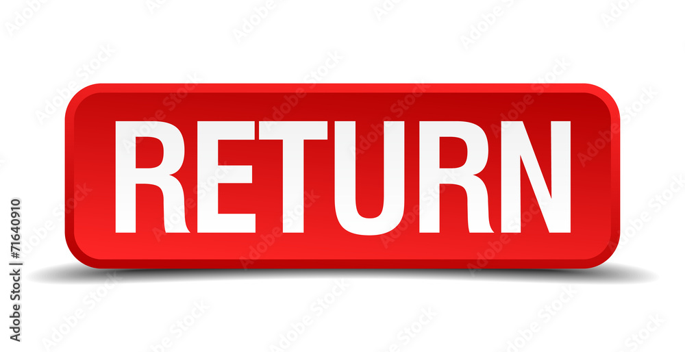 Return red 3d square button isolated on white