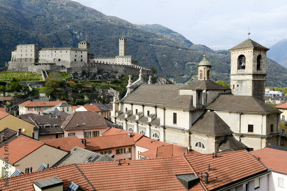 The Collegiate Church and fort Castelgrande at Bellinzona on the