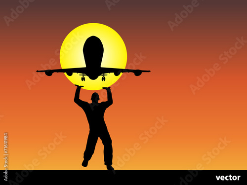 Vector man silhouette with plane at sunset