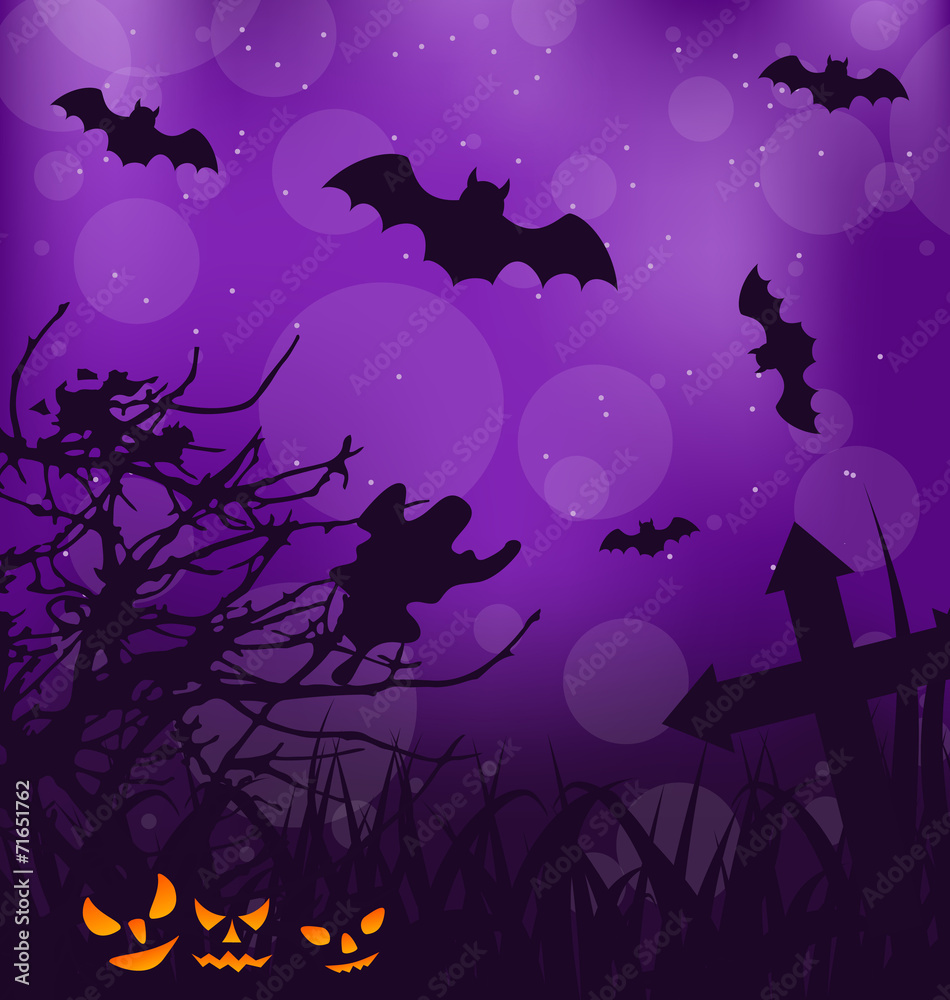Halloween ominous background with pumpkins, bats, ghost