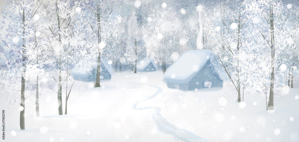 Vector winter snow landscape. - obrazy, fototapety, plakaty 