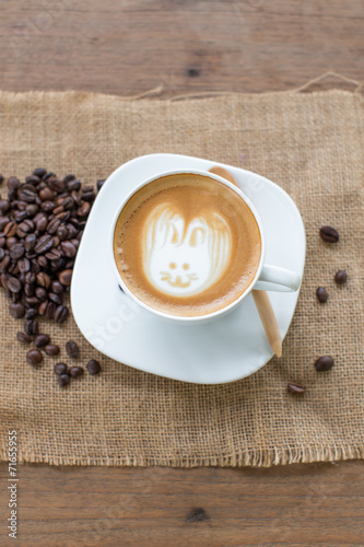 Easter rabbit drawing on latte art coffee cup