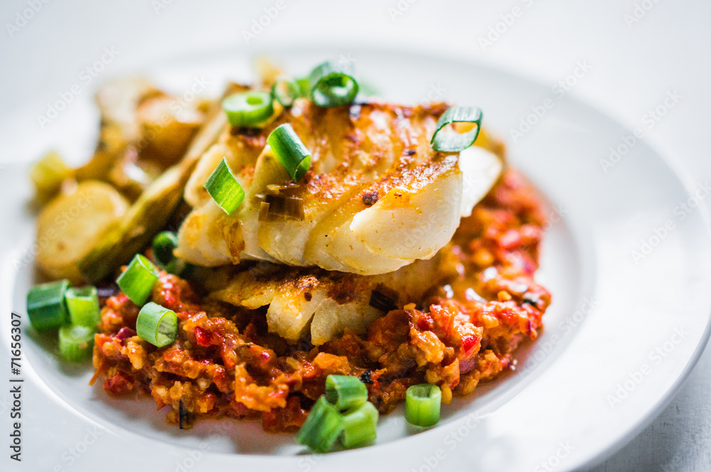 Roasted hake with romesco sauce and onion on wooden background Roasted hake with romesco sauce and onion on wooden background