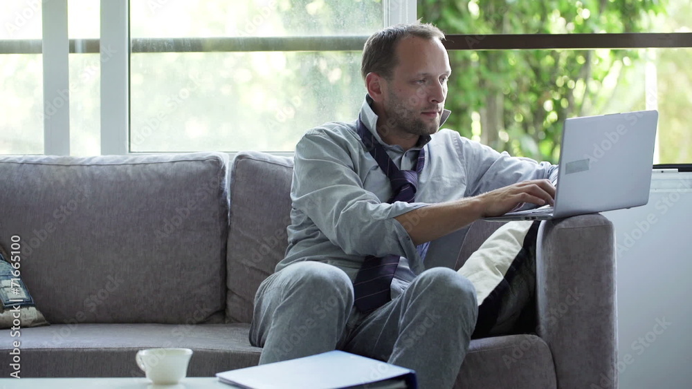 Young businessman working on laptop on sofa at home Young businessman working on laptop on sofa at home