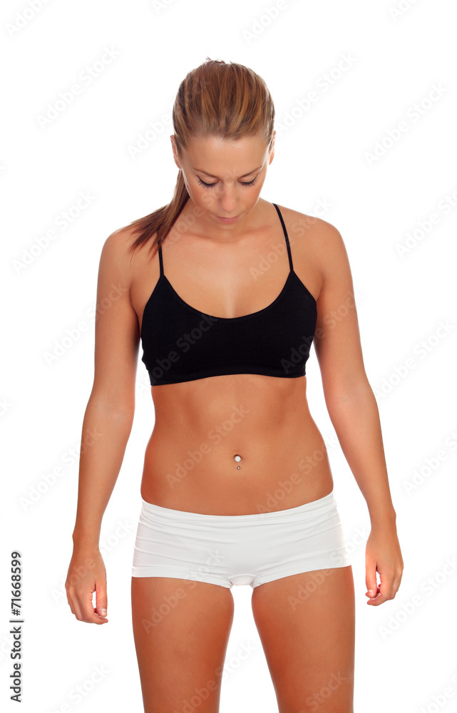 Attractive girl with underwear looking her body Attractive girl with underwear looking her body
