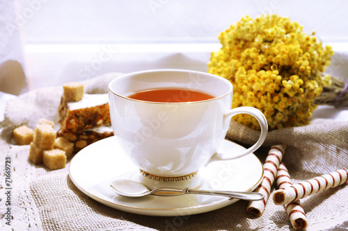 Cup of tea on table  close up