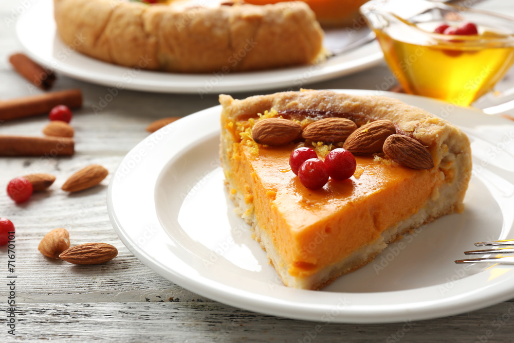 Homemade pumpkin pie on table Homemade pumpkin pie on table