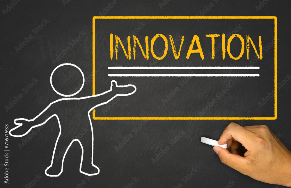 innovation and small people on chalkboard