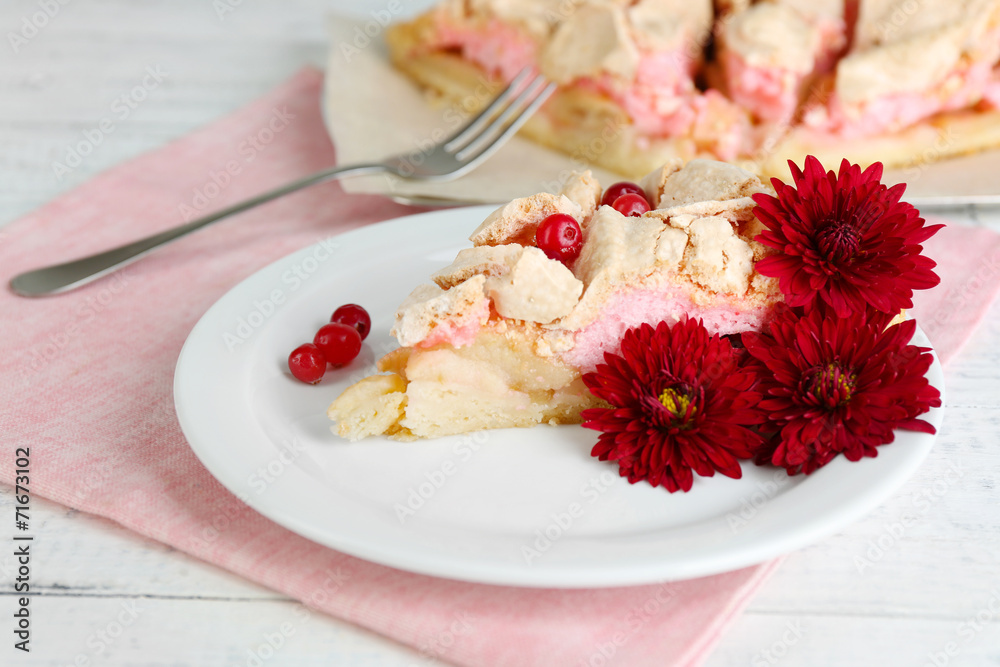 Piece of tasty pie with apples and berry mousse, Piece of tasty pie with apples and berry mousse,