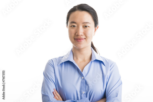 Young business woman standing isolated on white