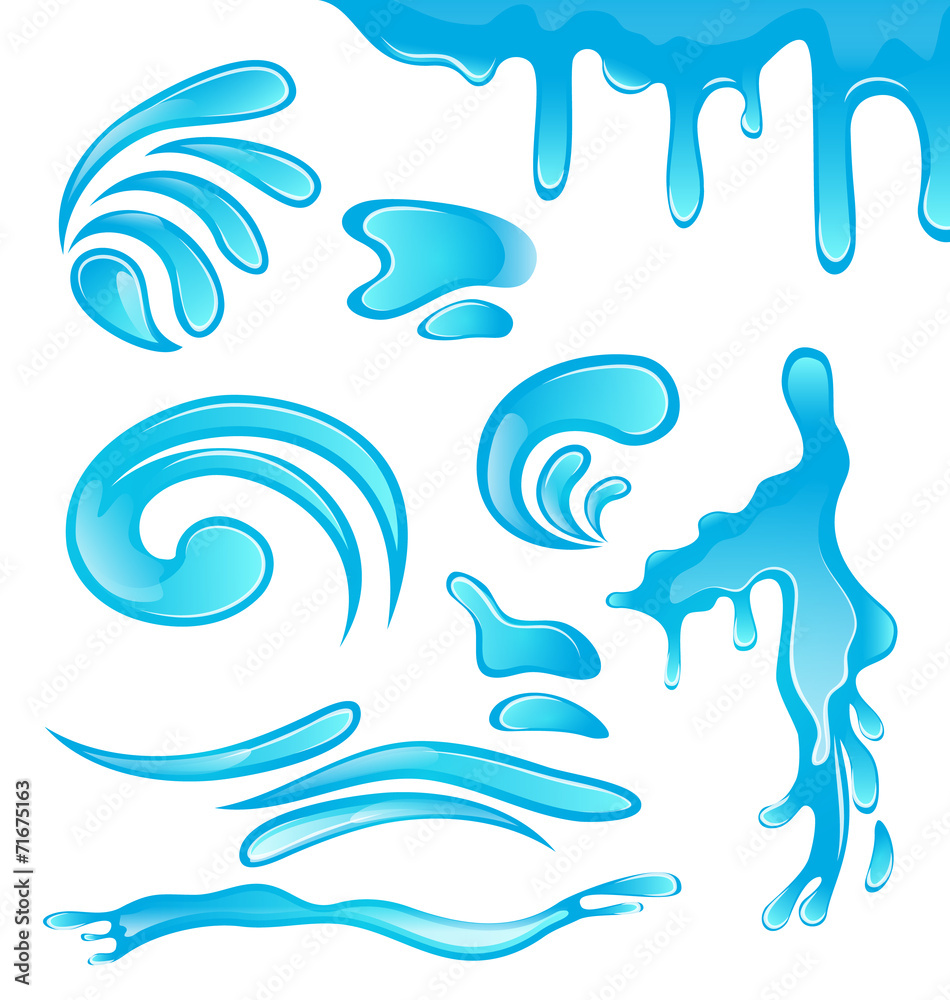 Fototapeta premium Water drops, splashing waves, surge, puddle, ripples, set isolat
