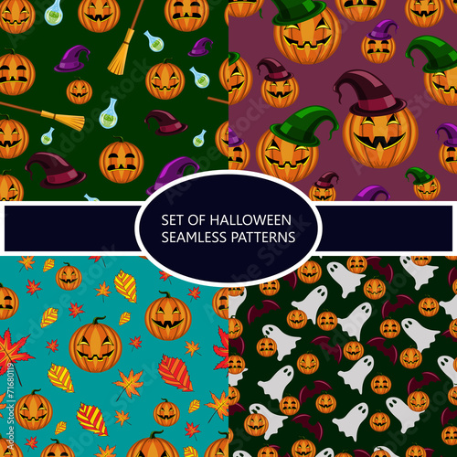 Set of seamless patterns with pumpkin halloween