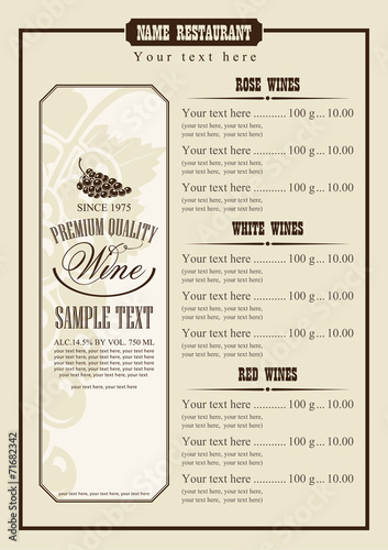 wine menu with a price list of different wines