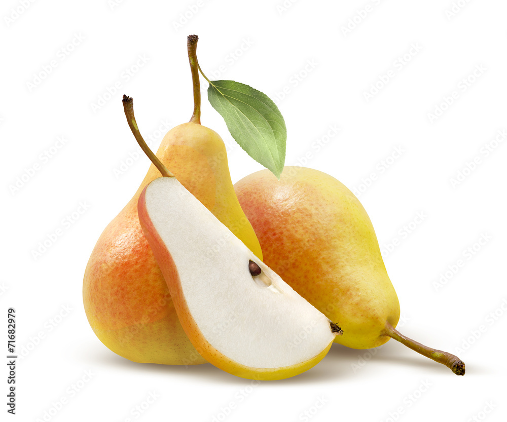 Two yellow pears and quarter split isolated on white - obrazy, fototapety, plakaty 